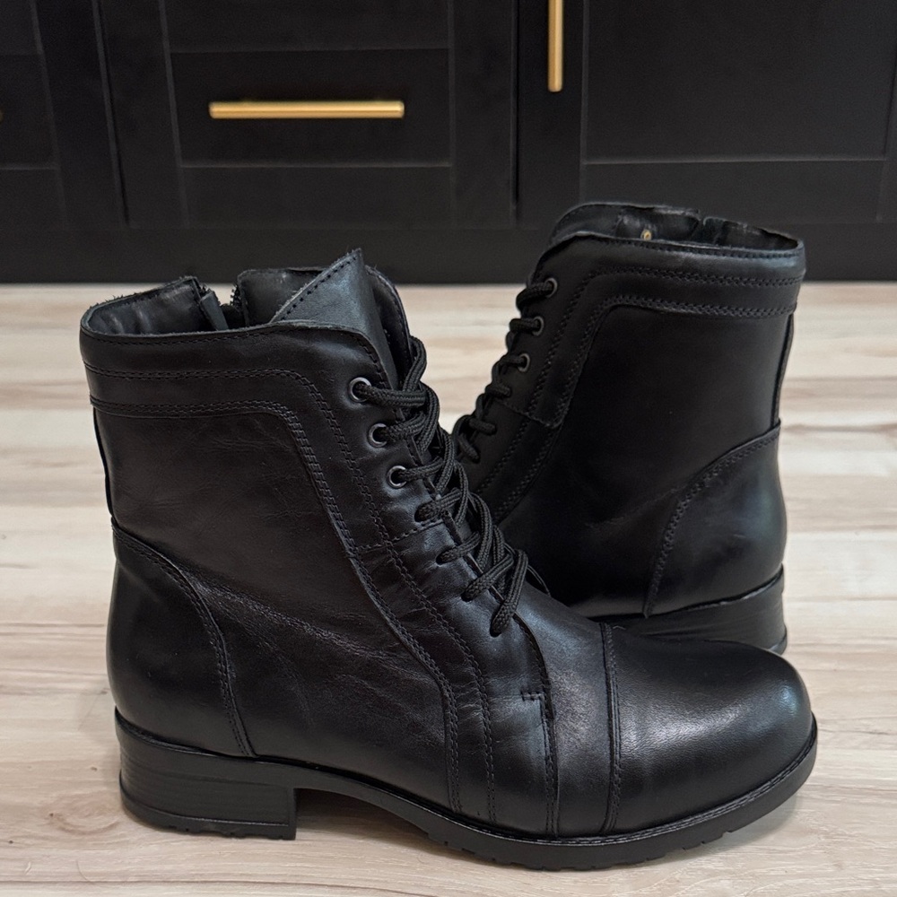 Sandro Moscoloni Black Leather Combat Moto Boots Lace Up Side Zip Sz 10